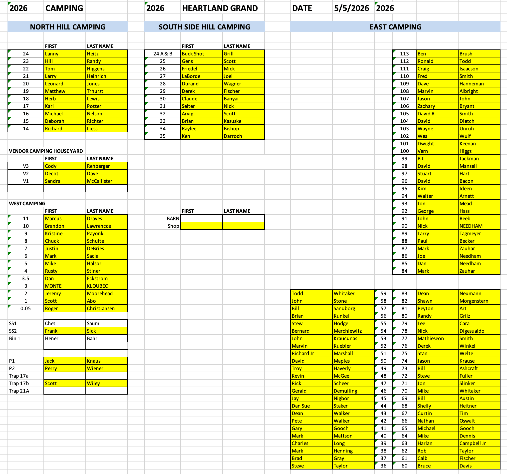 2026 Heartland Grand RV camping site assignments — every assigned name across North Hill, South Side Hill, West, East, Vendor, and overflow rows.